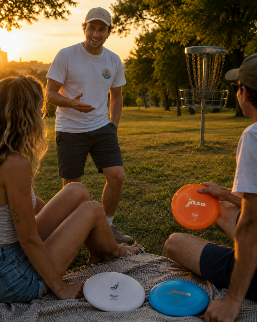 discgolf w parku, kosz i dyski JITSA